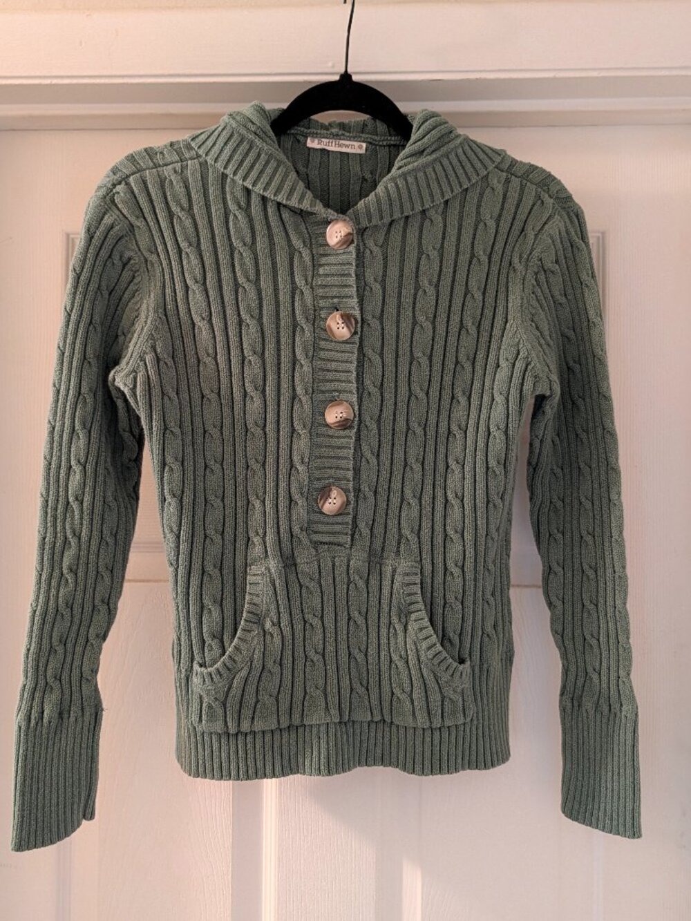 RuffHewn Women's Sage Green Cable Knit Hooded Button-Up Sweater